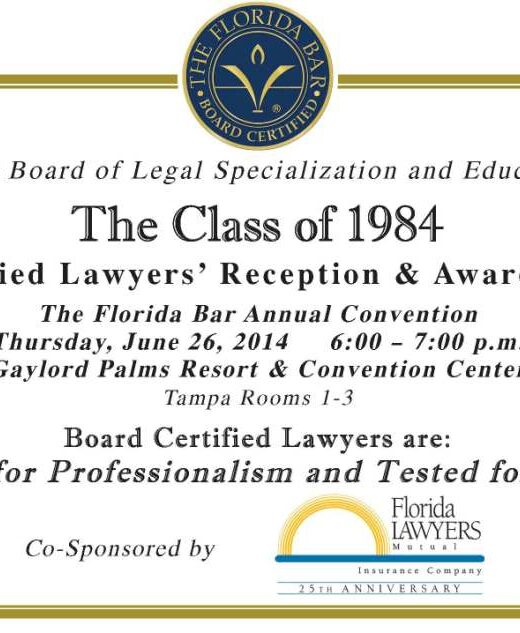 Board Certified Lawyers' Reception - June 26 in Orlando at The Florida Bar Annual Conference